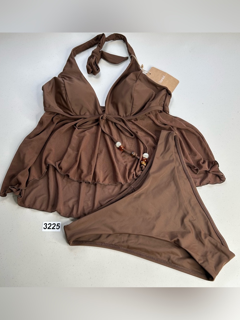 Samiol Tankini Bikini Set Medium Dark Coffee Tie Front Beaded Swimwear New